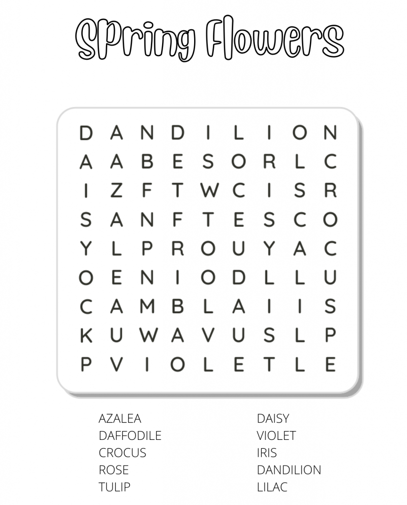 A spring flowers word search image. Find all the flowers in the word search using the list below.