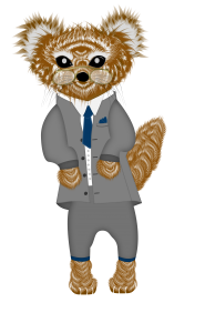 Marten Pong, a North American Marten, in a gray suit, wearing a navy tie and white dress shirt. He has a pince nez on his nose.