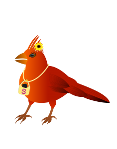 Sunflower Cardy, a cardinal with a sunflower in her head feathers. She is wearing a purse with the initial 'S' and it holds a smartphone.