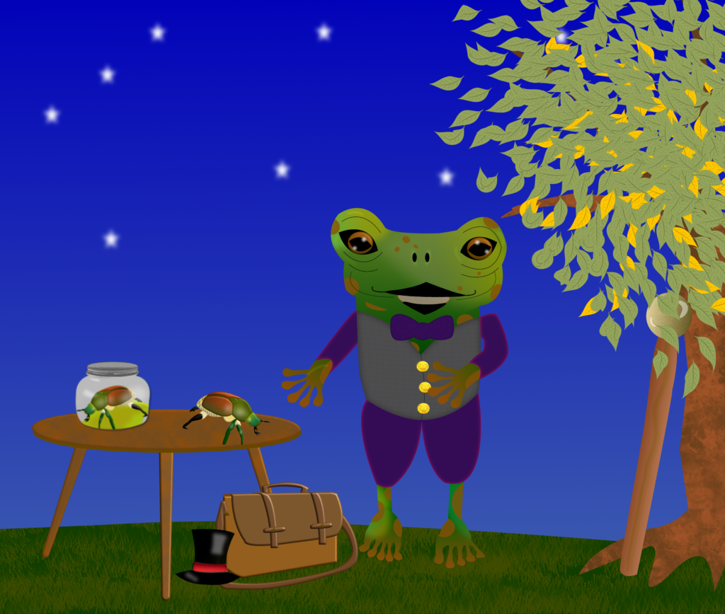 Graphic drawing of Bates the Traveling frog selling Japanese beetles at night