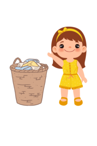 A young girl wearing yellow next to a basket of laundry