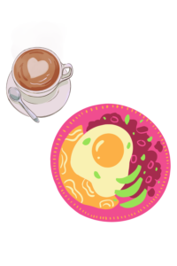 Graphic image of a latte with a heart on the foam and a pink plate with eggs