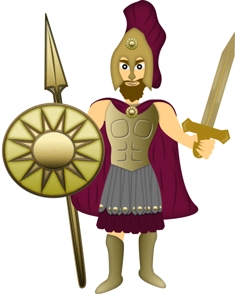 Graphic image of Ares, Greek god of war, dressed in armor and holding a sword, spear and shield.