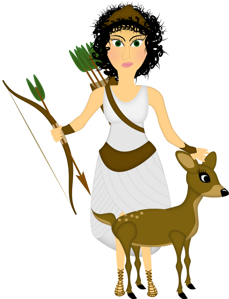 Graphic image of Hestia, Greek goddess of the hunt, holding a bow and arrow and protecting a young deer.