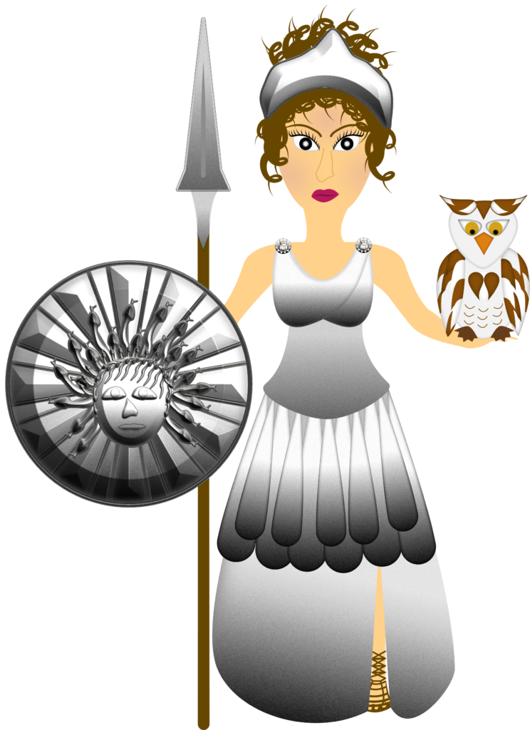 Graphic image of Athena, Greek goddess of wisdom, holding an owl, a spear and a shield with the head of Medusa