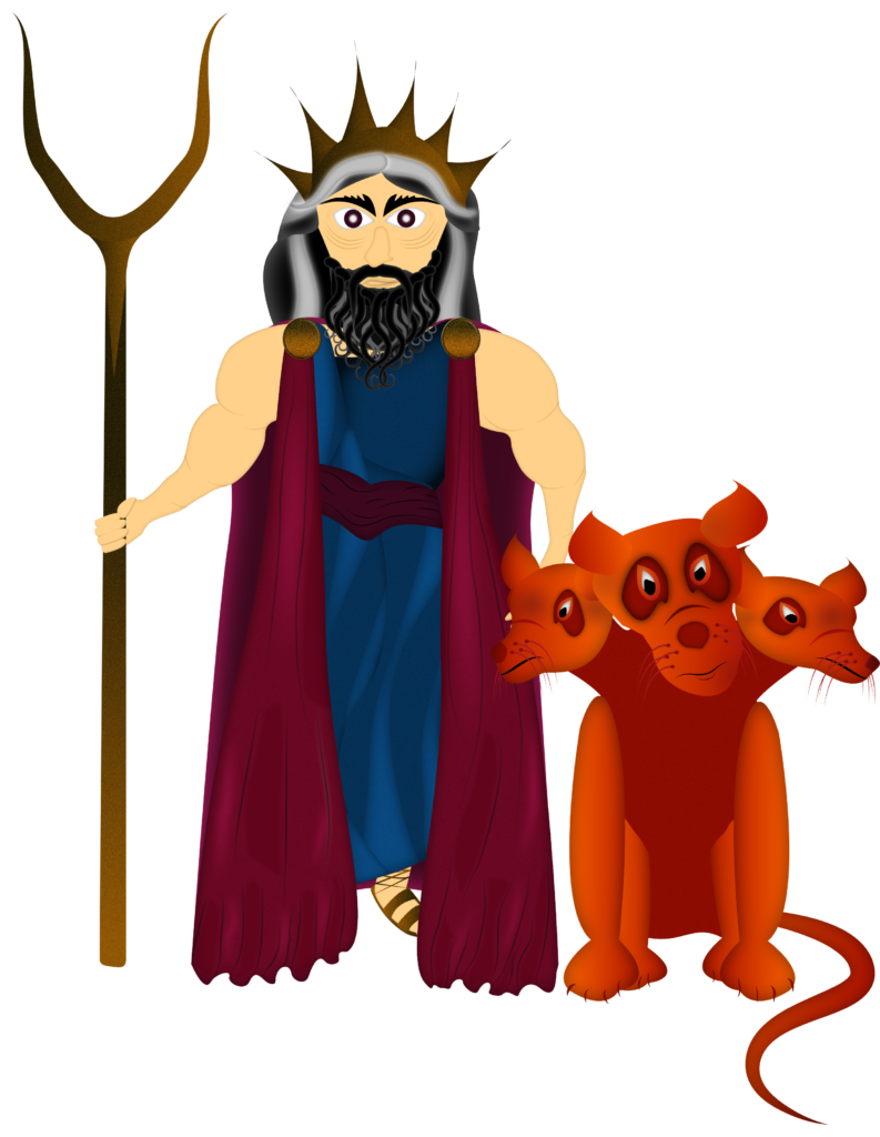 Graphic image of Hades, Greek god of the underworld with Cerberus the three headed dog sitting beside him.