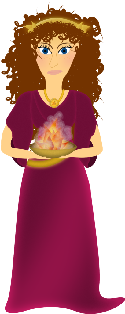 Graphic image of Hestia, Greek goddess of hearth and home, holding a bowl of fire