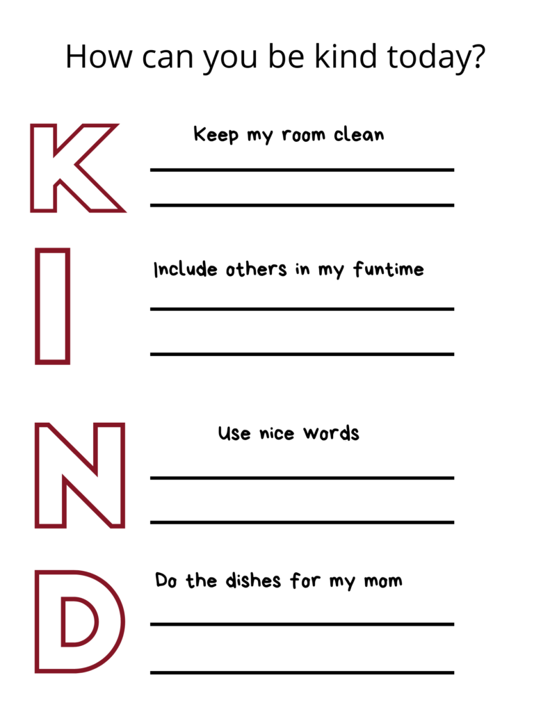 Activity idea for kids to list out ways they can be kind, including prompts to get them started