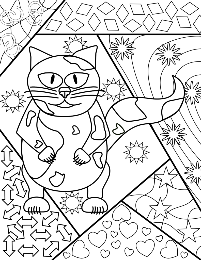 Full version of the Kedi Romero Britto inspired art project for kids, featuring Kedi, flowers, suns, arrows, hearts, stars and diamond shapes