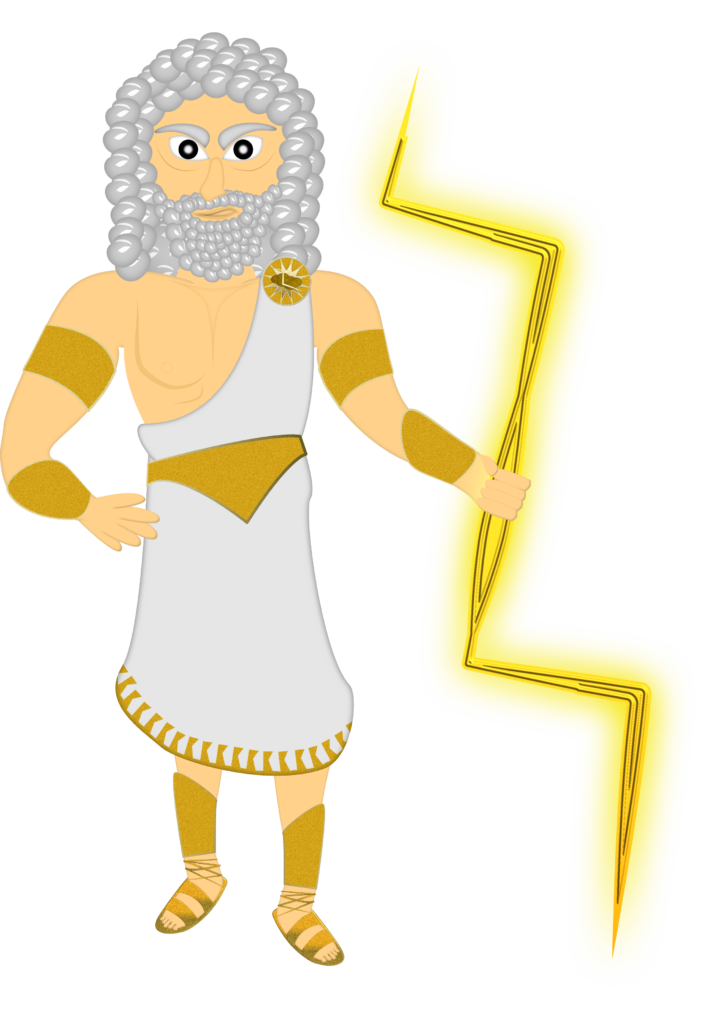 Graphic image of Zeus, Greek god of thunder, holding a lightening rod