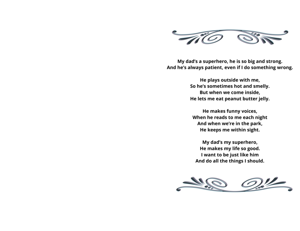 'My dad's a superhero' poem on inside of printable card