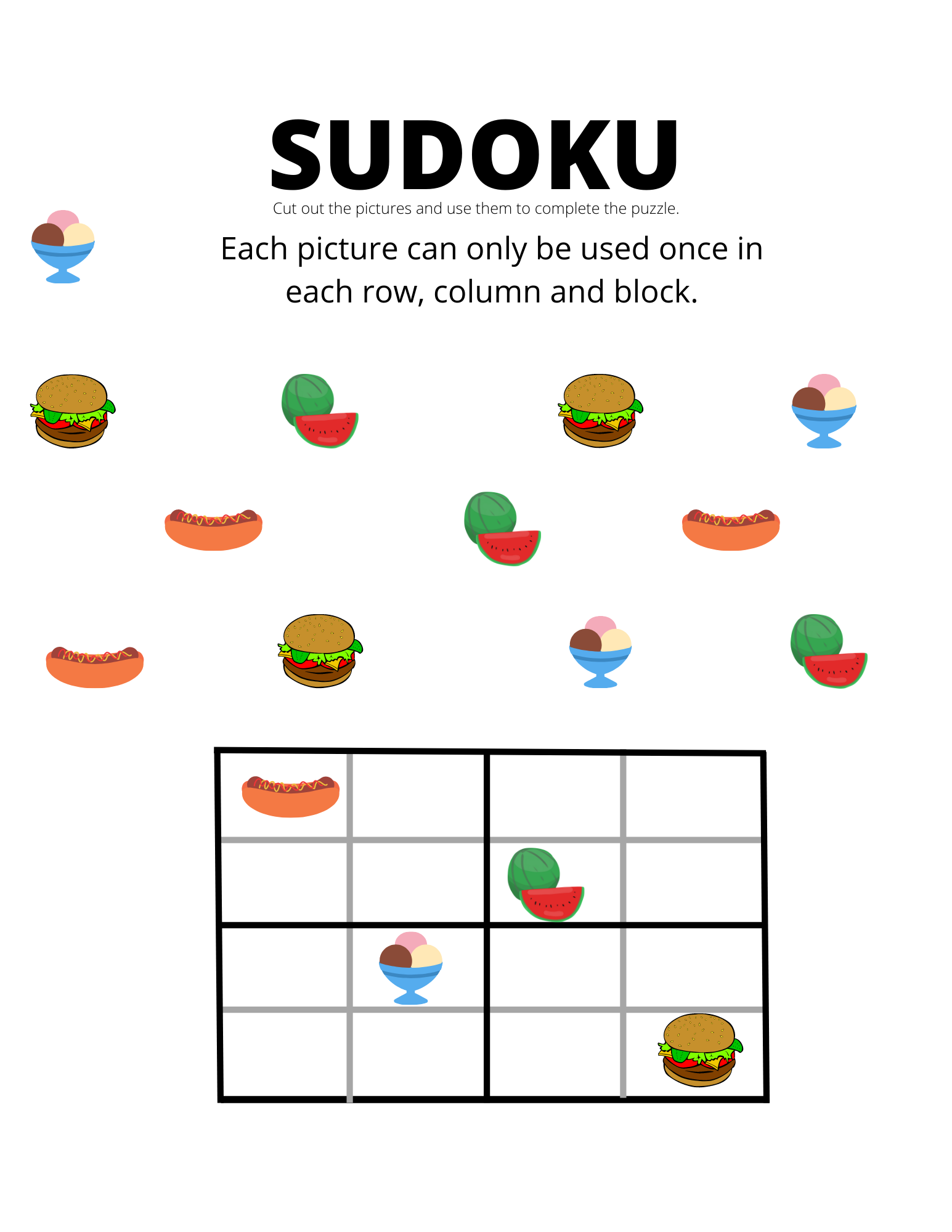 4th of July foods sudoku puzzle for kids