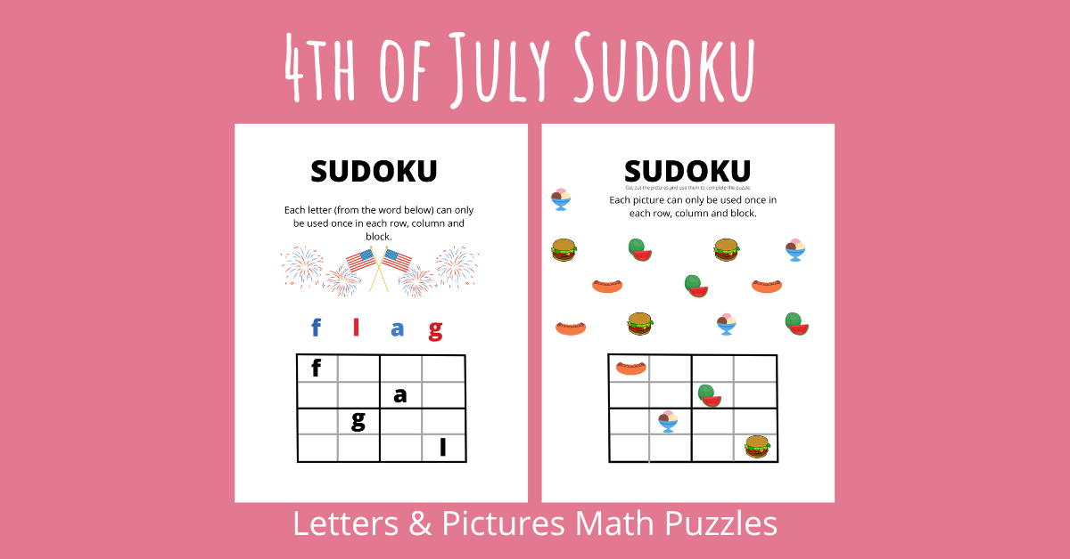 4th of July Sudoku letters and pictures math puzzles