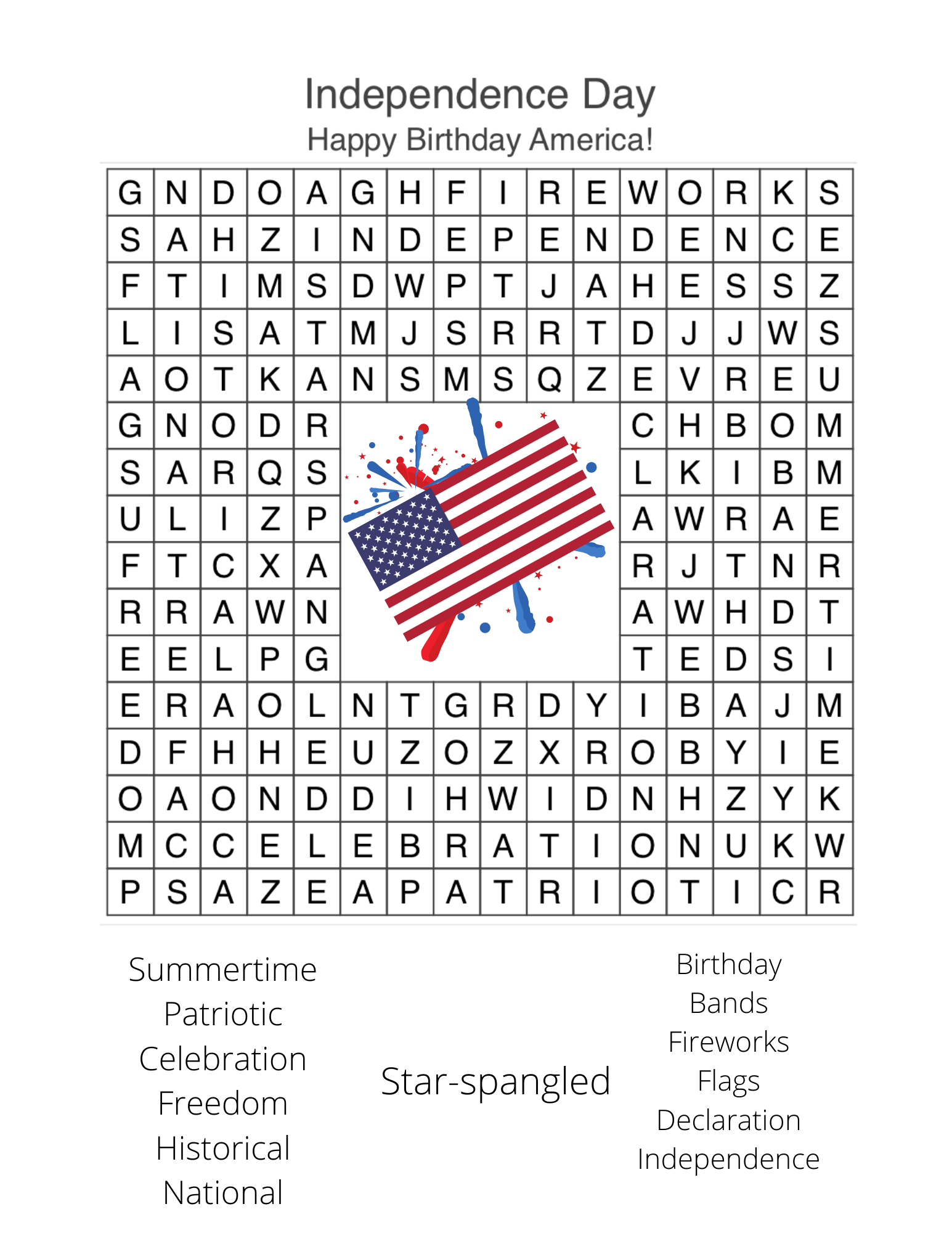 Independence Day Word Search Activity
