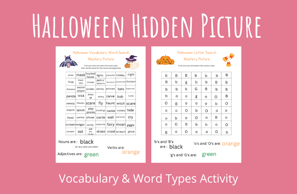 Halloween Hidden Picture Vocabulary and Word Types Activity